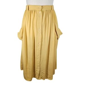 Cotton Candy High Waisted Midi Button Up Skirt, Mustard Yellow, Small